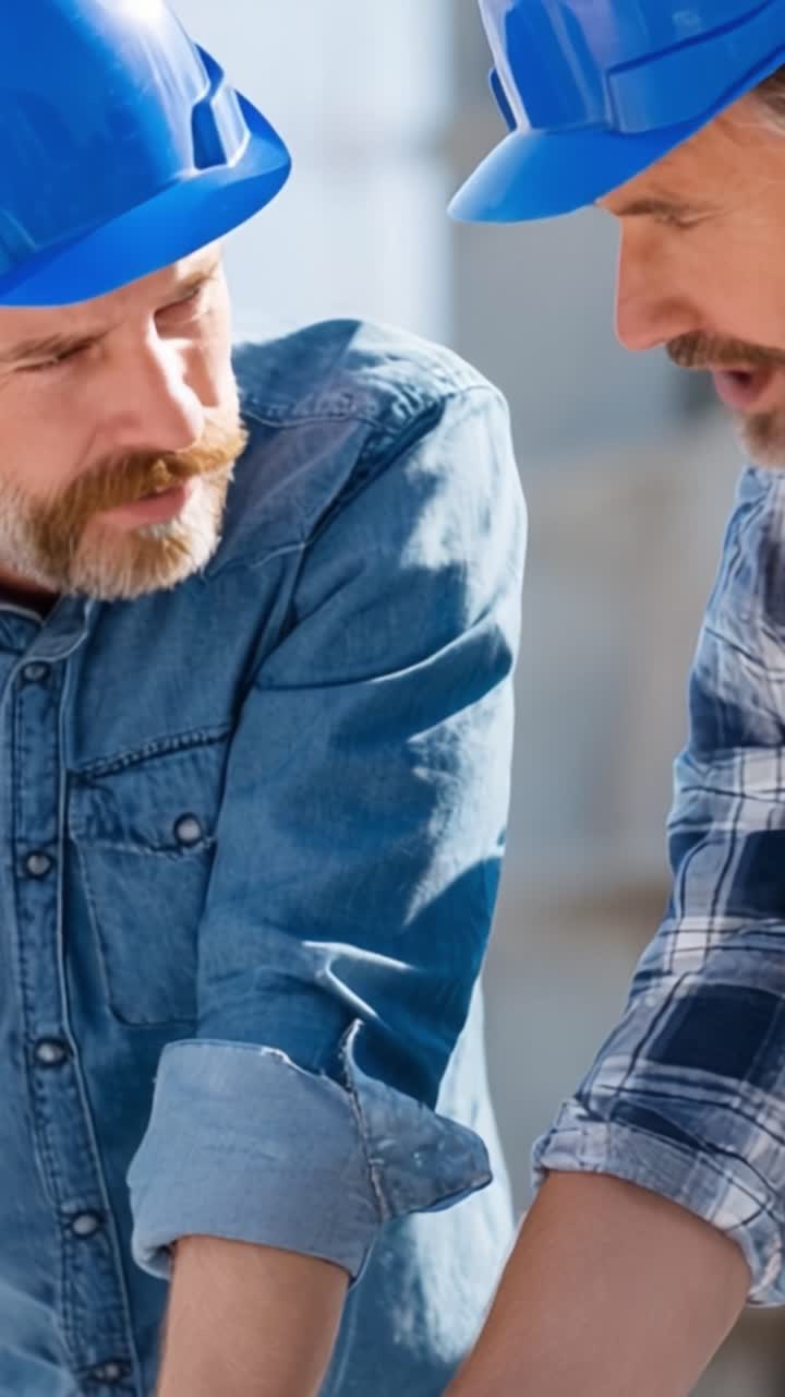 Two Construction Workers Collaborating on a Project, Deep in Discussion and Analysis, with Safety Helmets in a Bright Workspace