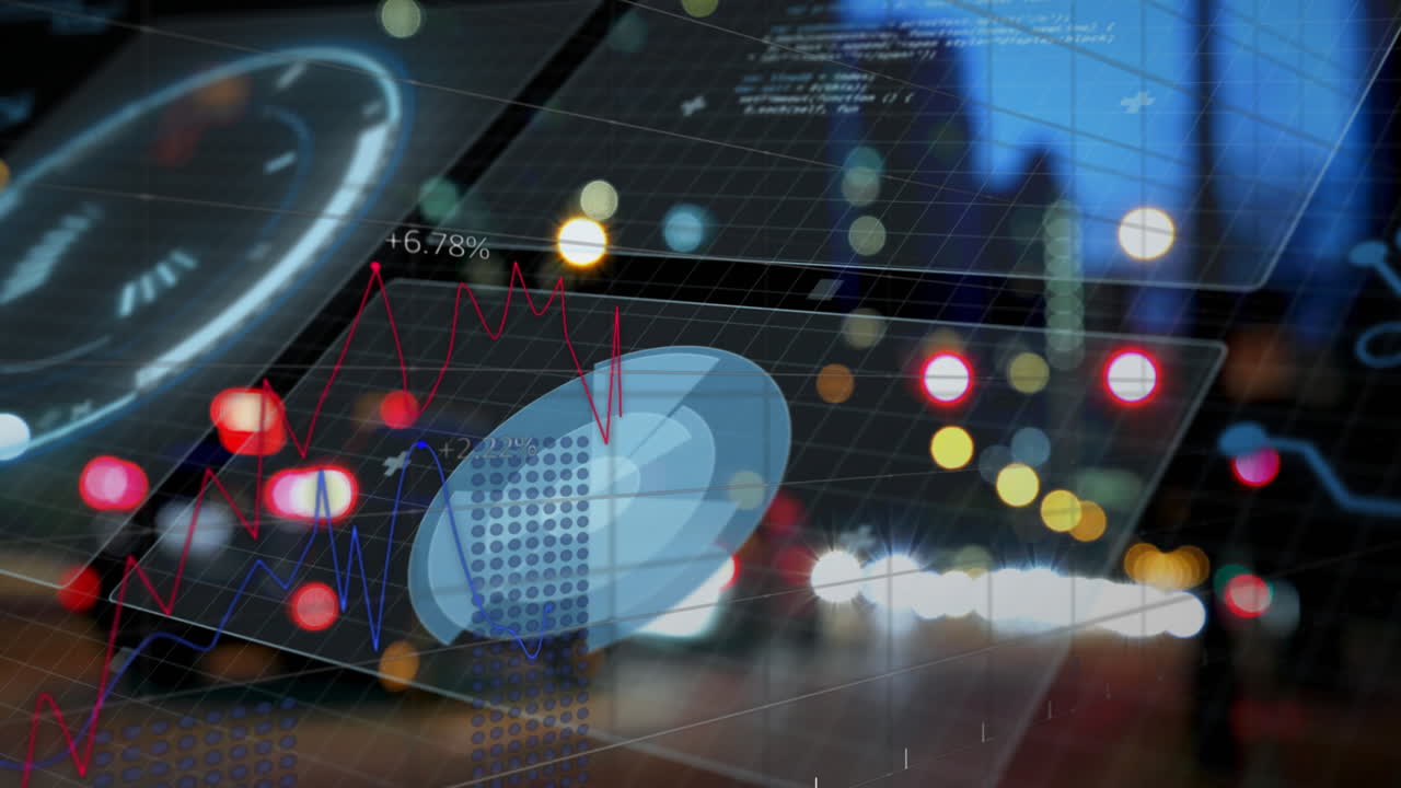Financial data and stock market animation over city lights at night