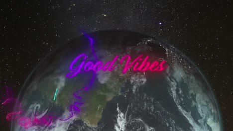 animación de buenas vibraciones texto de neón sobre el globo sobre fondo negro