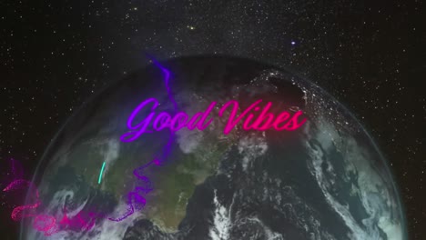 animation of good vibes neon text over globe on black background