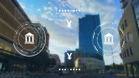 animation of two bank scanners processing international currency exchange, over city street