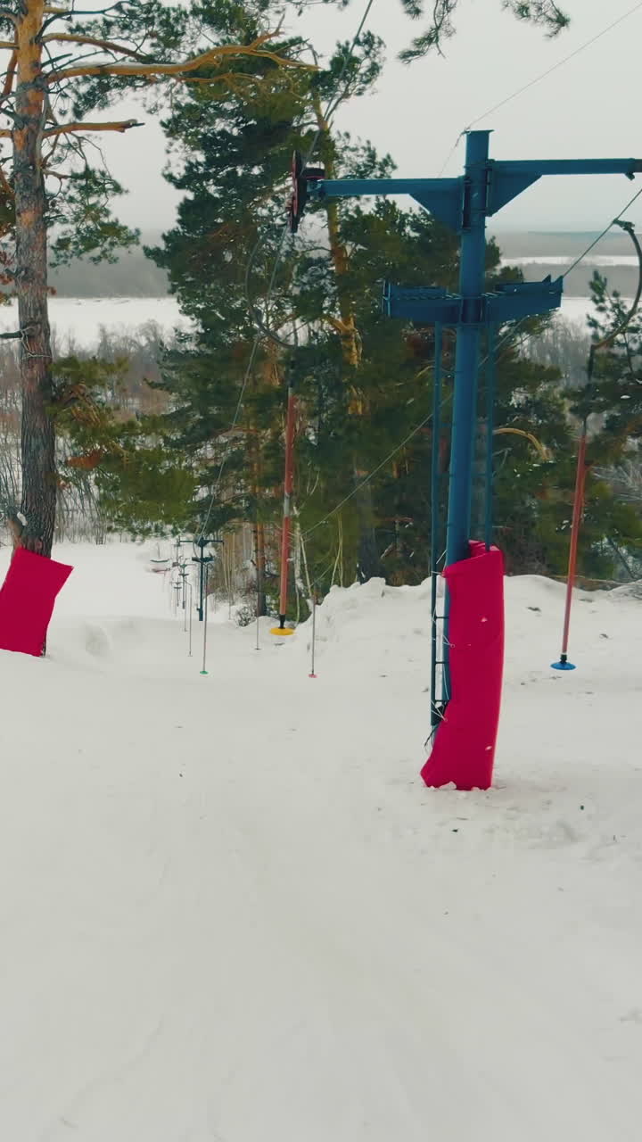 motion along modern surface lift poma with sticks at comfortable ski resort on hill slope with pine trees at snowfall