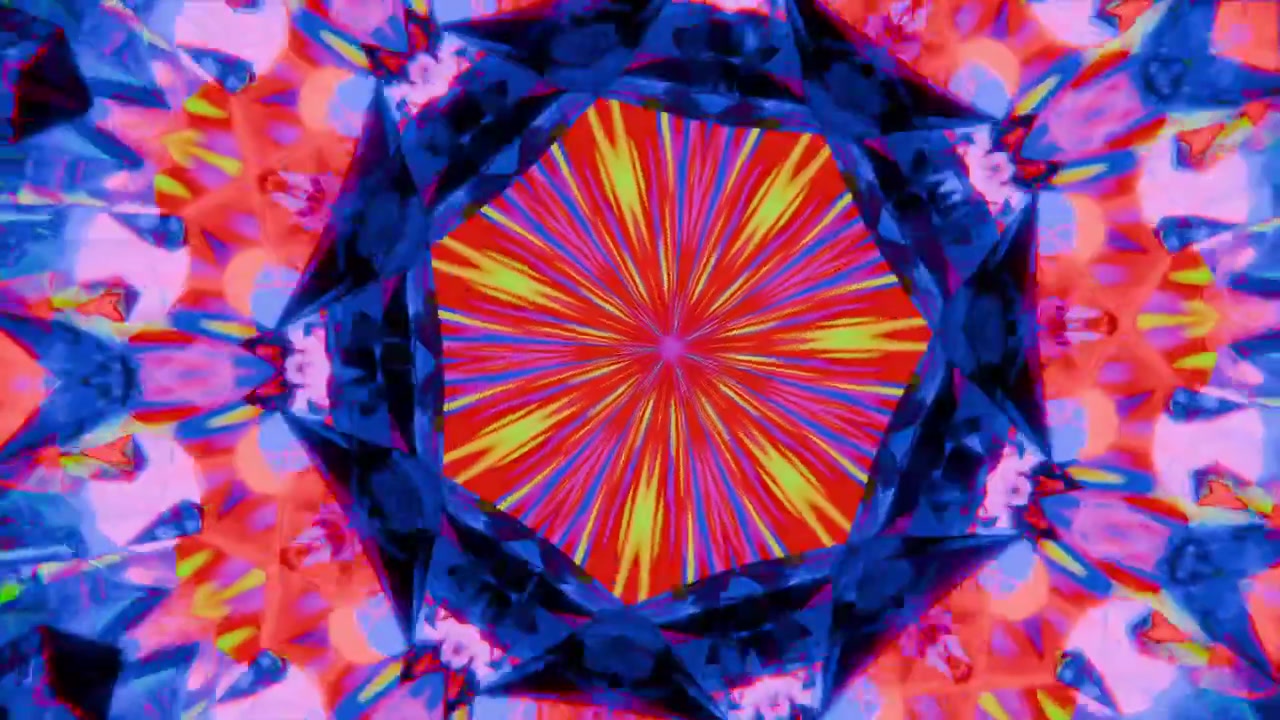 Mandala radial central que cambia en pantalla a través de núcleos estelares y pétalos en bucle, con cristal