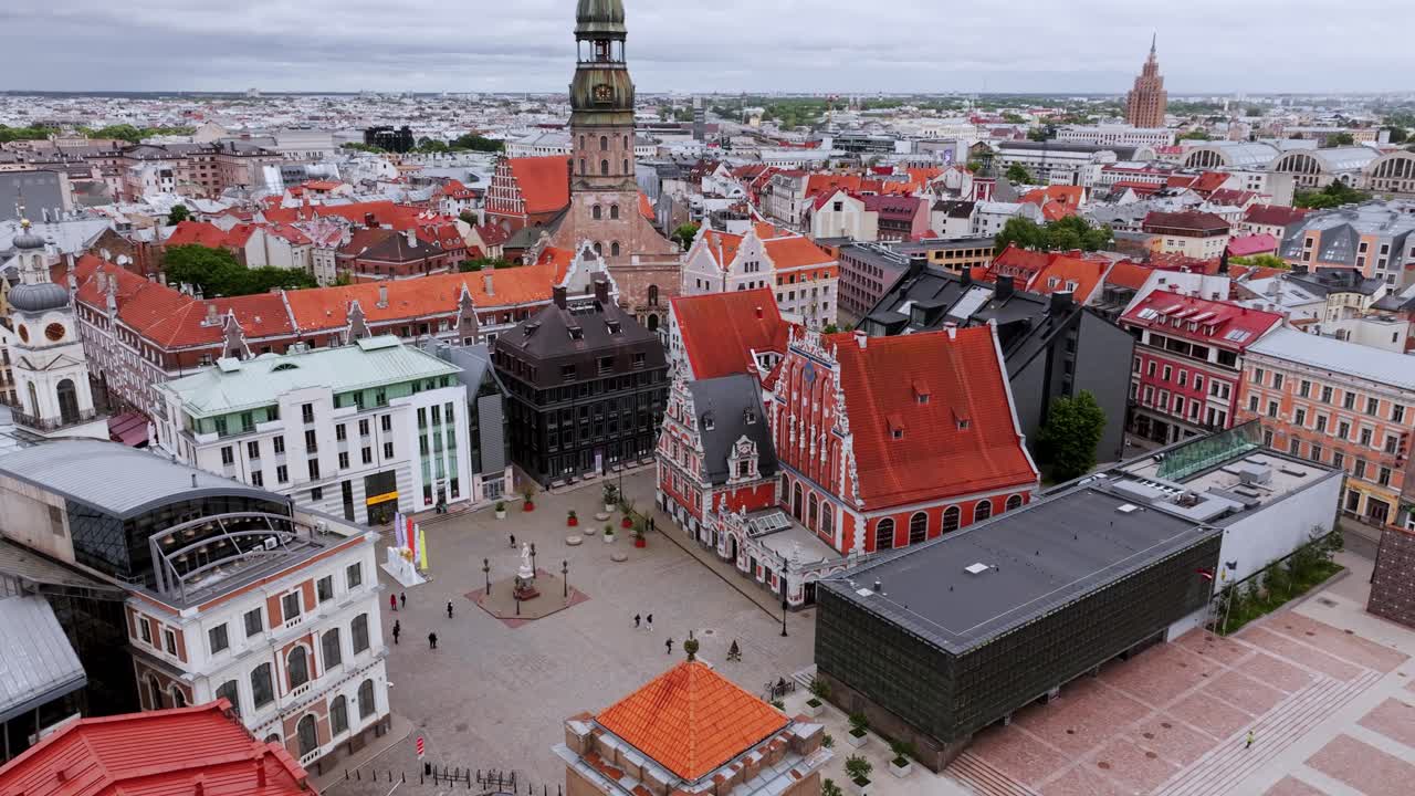Cinematic drone view of ornate Riga square with red roofs and moody overcast sky