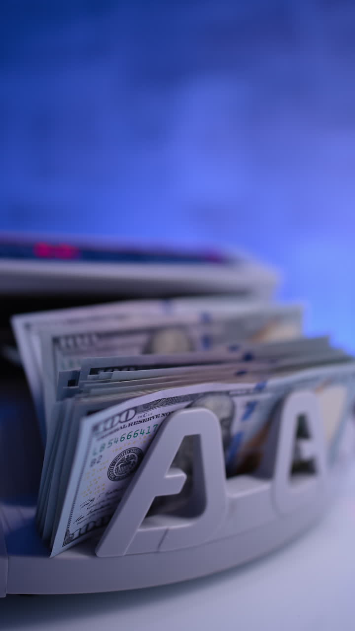 American money processed in cash counting machine. One hundred dollars fall on the device holder. Close up. Blurred image. Vertical video.