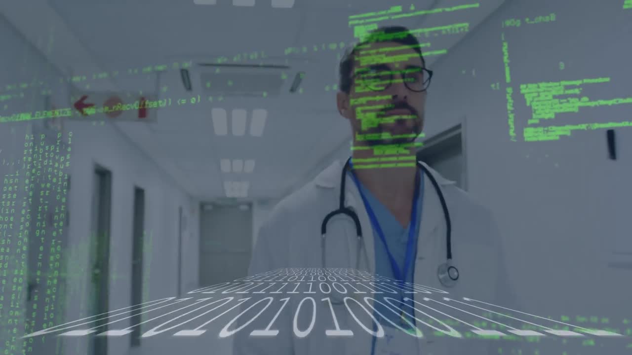 Animation of microprocessor connections over caucasian male doctor walking in hospital