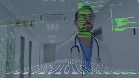 Animation-of-microprocessor-connections-over-caucasian-male-doctor-walking-in-hospital