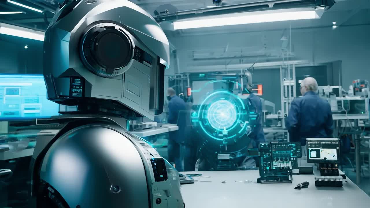 Robot and Humans Working Together in a Futuristic Laboratory