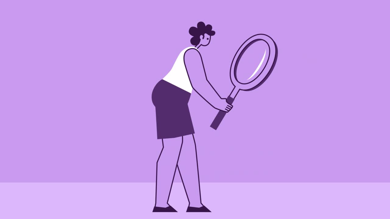 보라색 스타일의 여성 평평한 캐릭터 기 자전거와 보기 유리창을 통해 볼 수 있습니다. 알파 채널과 함께 고립 된 루프 애니메이션