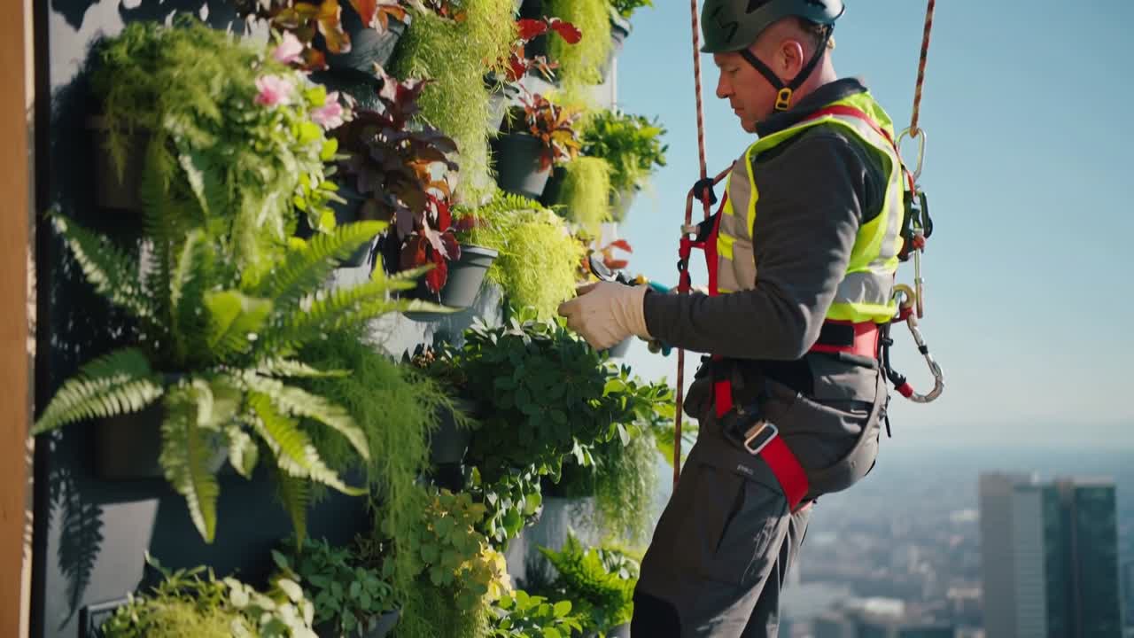 Pruning facade worker trimming plants on vertical wall, wearing helmet, hivis, harness, copy space