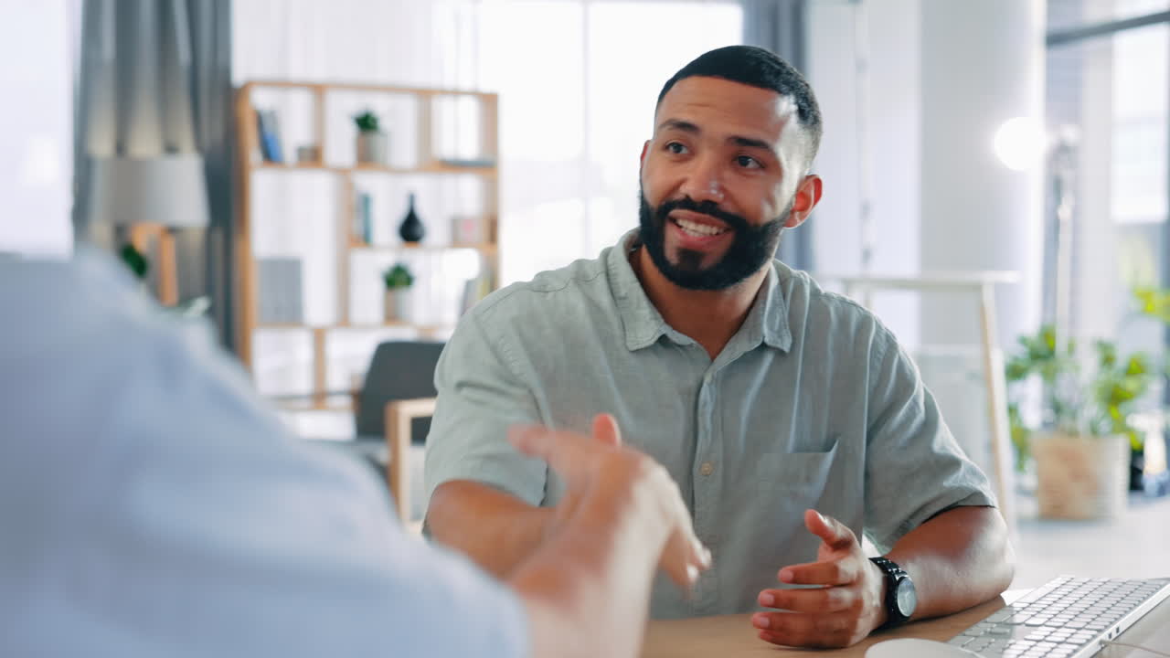 Men in office, handshake and success with deal