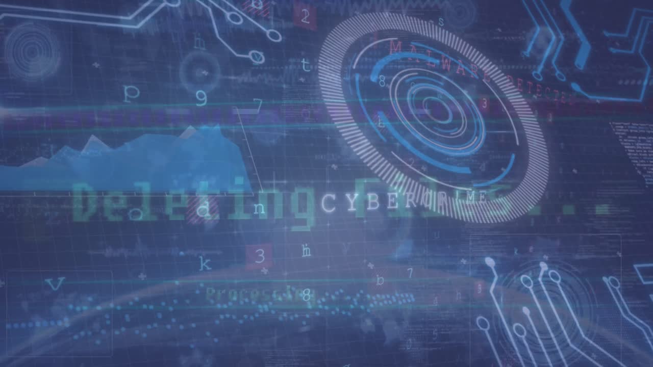 Animation of cyber security data processing and microprocessor connections against blue background
