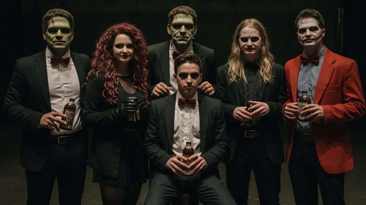 A group of creatively costumed characters, featuring classic horror aesthetics combined with formal attire, posing dramatically in a dimly lit setting while holding drinks