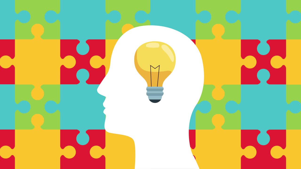 animación de salud mental con silueta de perfil y bombilla en el fondo de rompecabezas