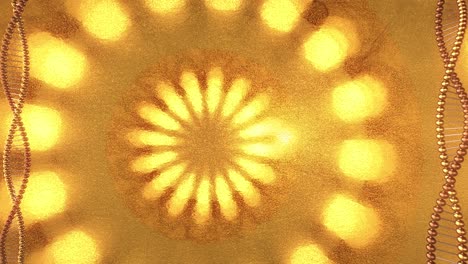 golden geometric background with swirls of dna molecules. 3d rendering loop 4k