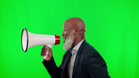 megaphone, green screen and black man isolated