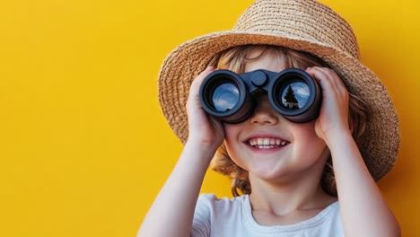 a little girl in a straw hat looking through binoculars