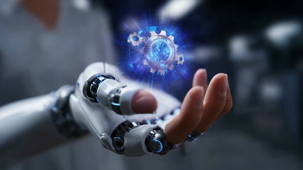 Exploring the intersection of technology and intelligence, a robotic hand displays a glowing holographic gear symbolizing innovation, precision, and the future of artificial intelligence, automation, and design
