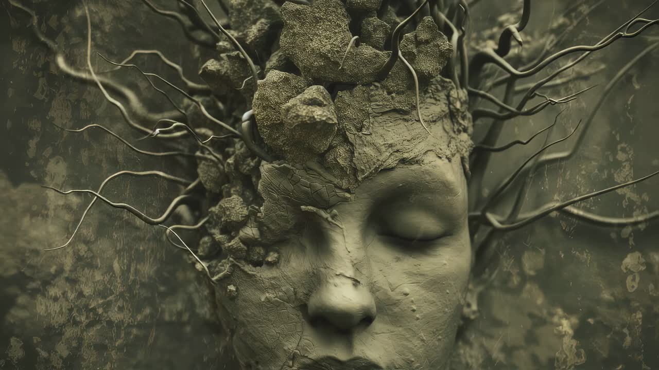 Stone face emerging from ground, eyes closed, tree branches sprouting, symbolizing organic transformation, natural cycles, interconnectedness of earth and human form