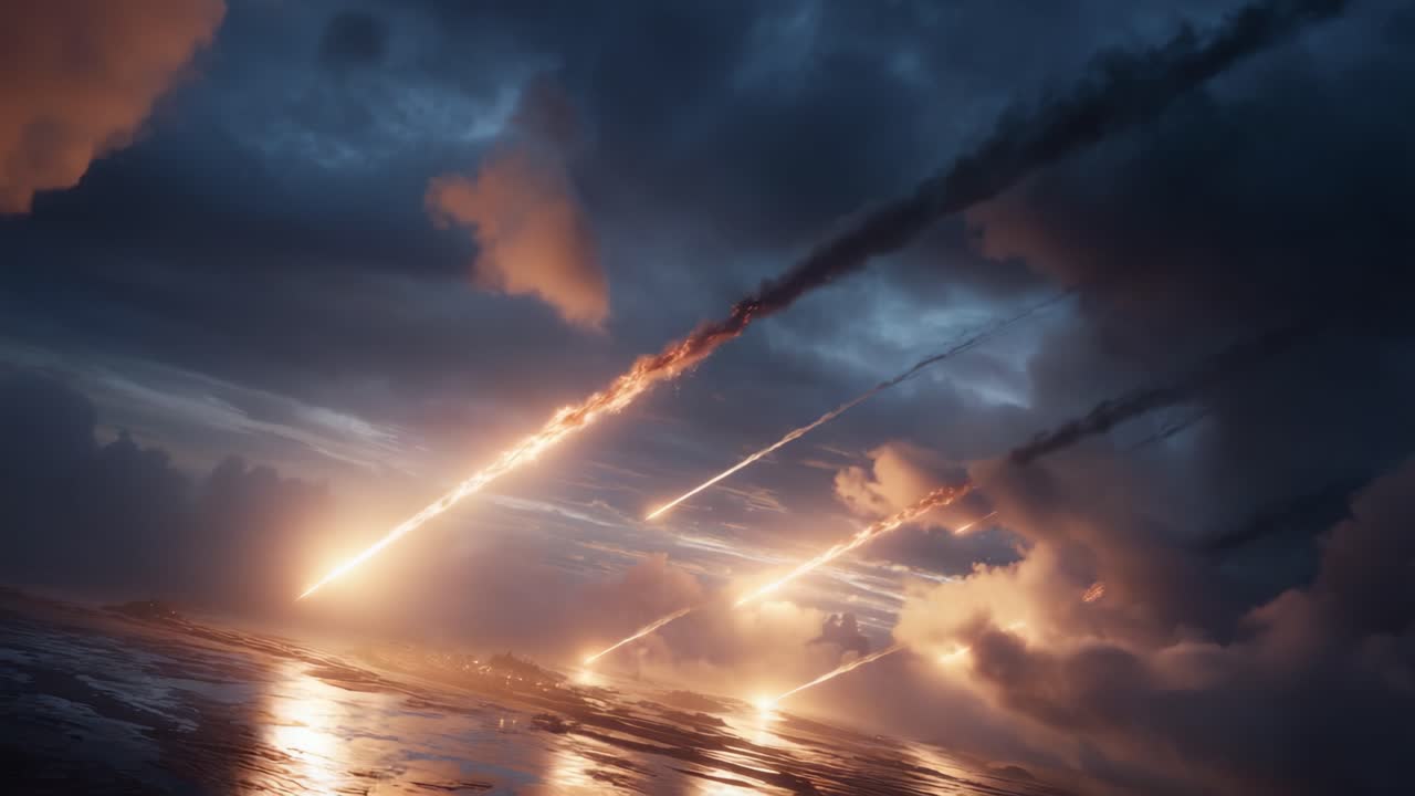 Een adembenemend schouwspel van kosmische woede, terwijl meteoren door een stormachtige hemel schieten, de horizon doen ontbranden met vurige sporen en de donkere oceaan eronder verlichten.