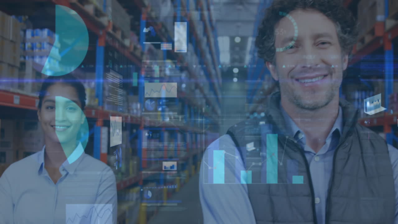 animación de estadísticas y procesamiento de datos financieros sobre hombres y mujeres que trabajan en almacenes