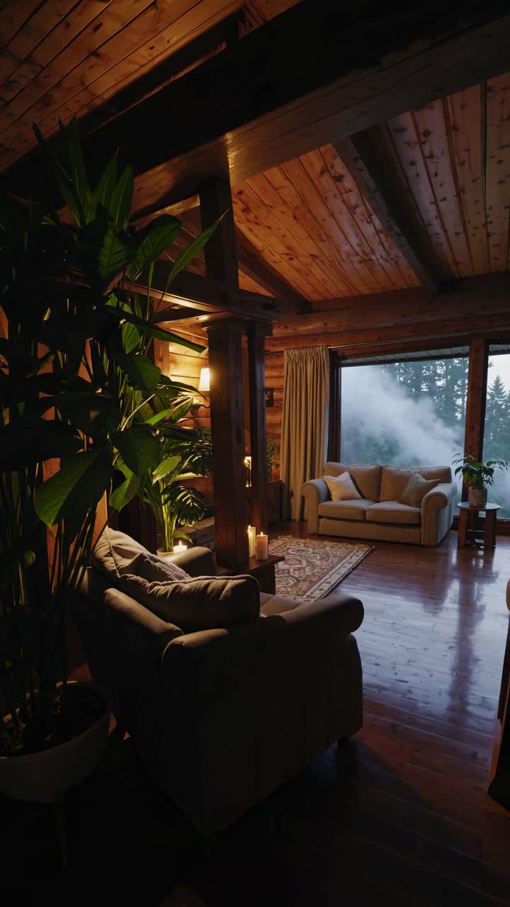 Cozy cabin interior with warm lighting, wooden beams, and lush plants