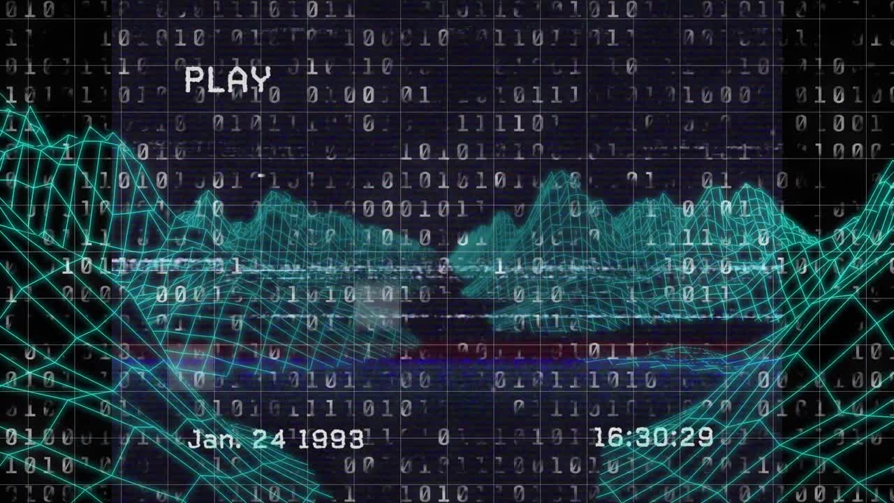 Animation of binary code, metaverse landscape and vintage video