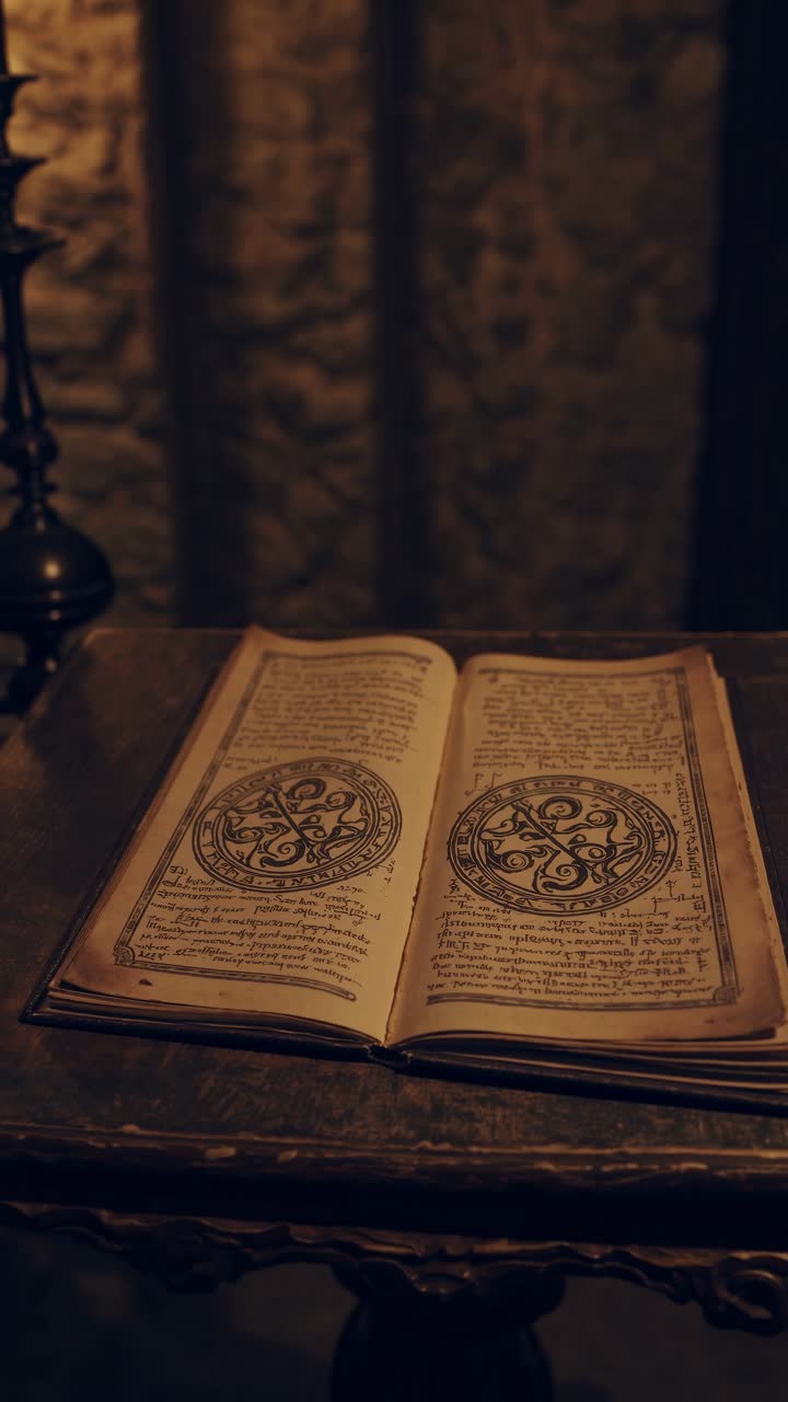 Un libro vintage e mistico è aperto su un tavolo di legno, ripreso da una bassa angolazione.