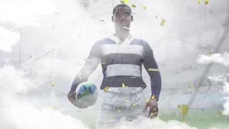 animación de nubes y confeti sobre jugador de rugby afroamericano