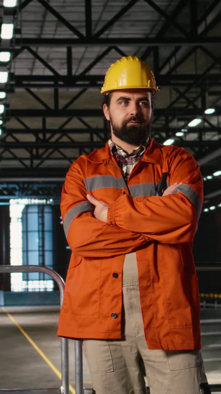 Video verticale: Ritratto di un addetto con cappello, linea di produzione e attrezzature per l'industria pesante.