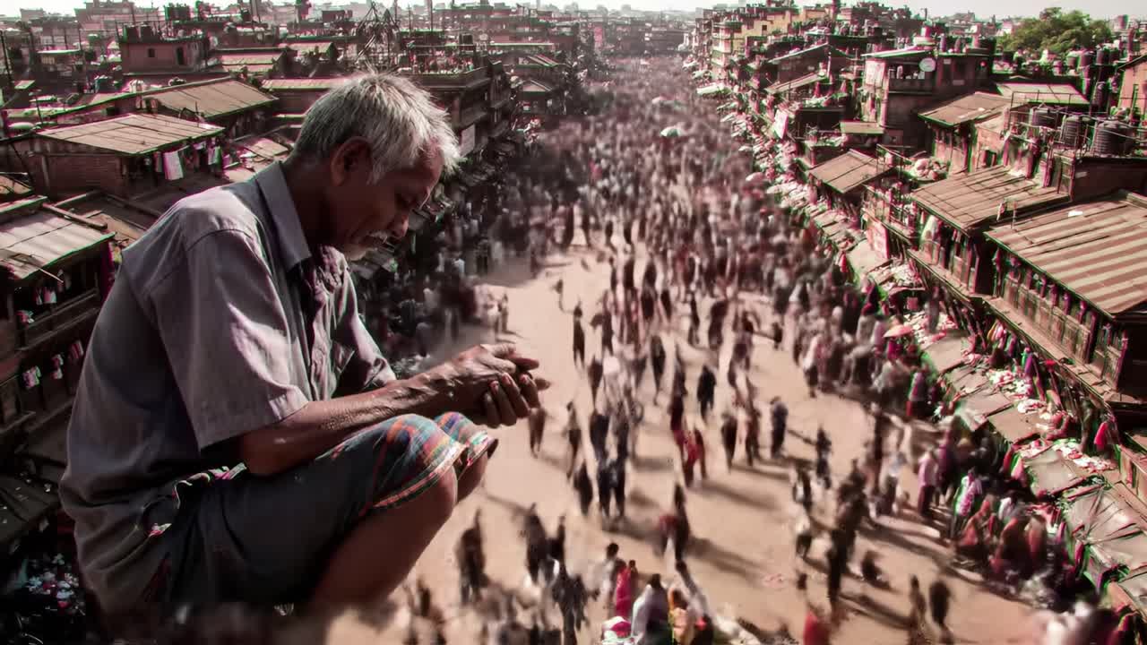 An elderly man sits quietly while people bustle around him in a crowded street of Kathmandu. The atmosphere is lively with vendors selling goods amidst a rich cultural setting.