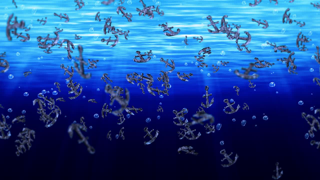 파란 물에서 많은 커를 날리는 것 - 선박 및 보트 커 - 해양 아이콘 - 커 회전의 3d 루프 애니메이션