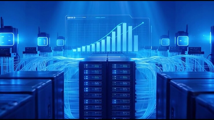 Data Center Server Racks with Glowing Digital Growth Chart