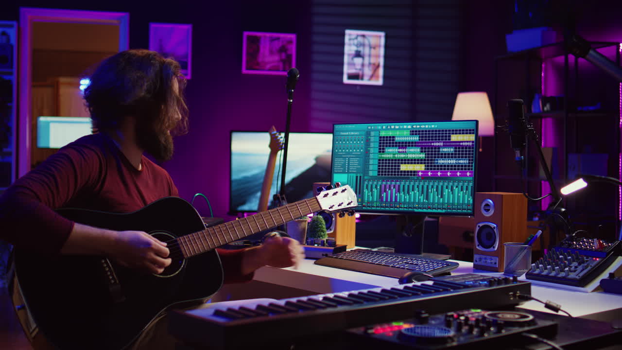 artista tocando la guitarra y utiliza la interfaz de software daw para crear música