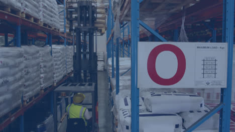 Animation-of-network-of-profiles-over-overhead-view-of-male-worker-operating-forklift-at-warehouse