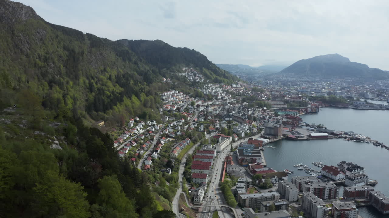 Drone shot revealing beautiful Sandviken in Bergen on a sunny day