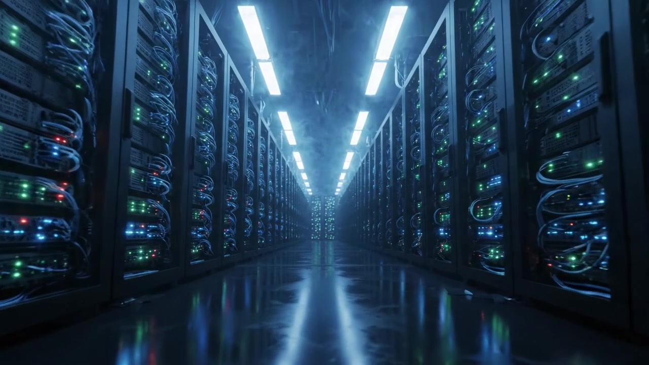 Esplorando le Profondità di un Moderno Data Center: Server ad Alta Tecnologia e Soluzioni di Archiviazione in un Ambiente Futuristico