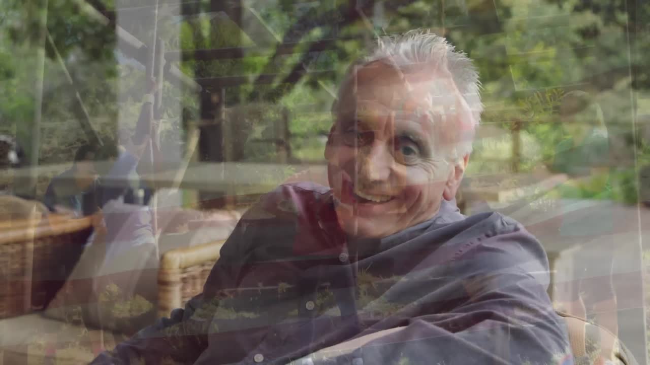 Animation of flag of usa over senior caucasian man