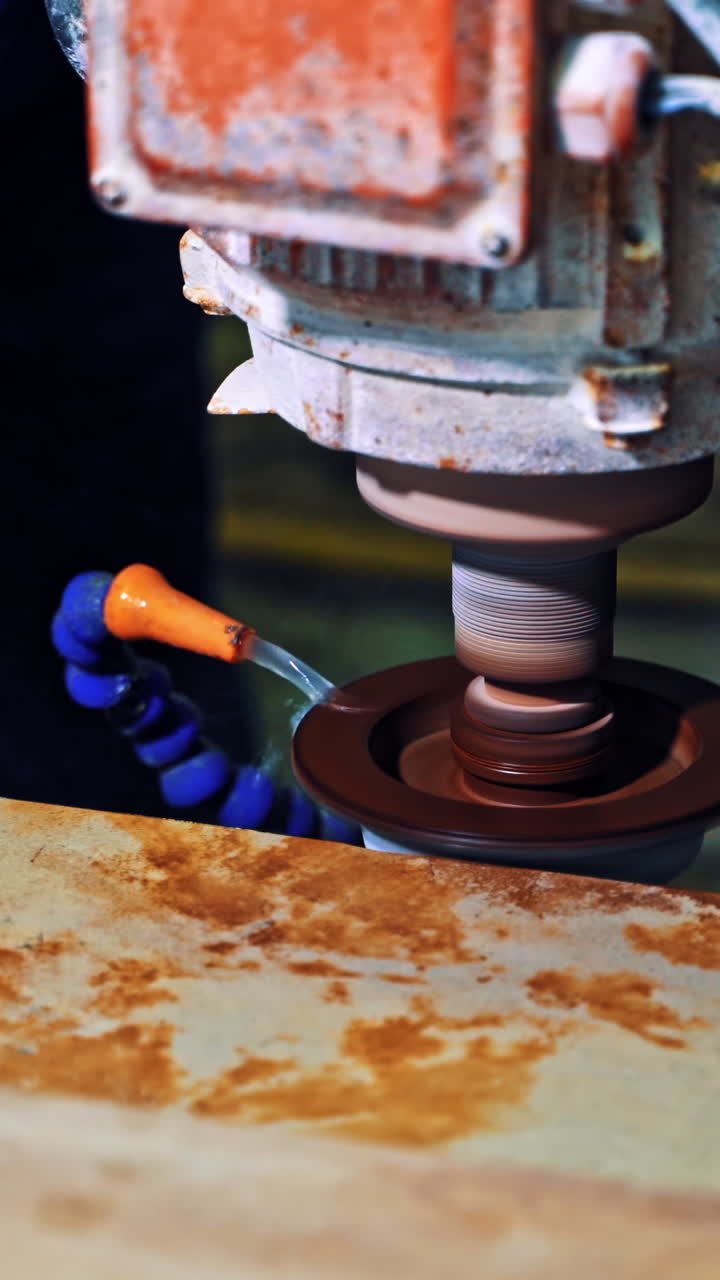 Worker cutting stone block. Industrial worker making horizontal cut with electric saw during align marble tiles. Vertical video