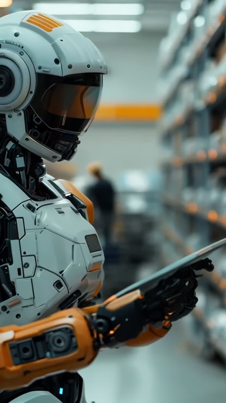 Robot Inventory Management in Modern Warehouse Environment. A robot conducts inventory checks in a well-organized warehouse aisle. Vertical video