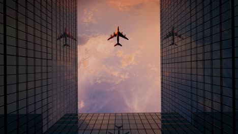 airplane over city skyscrapers at sunset