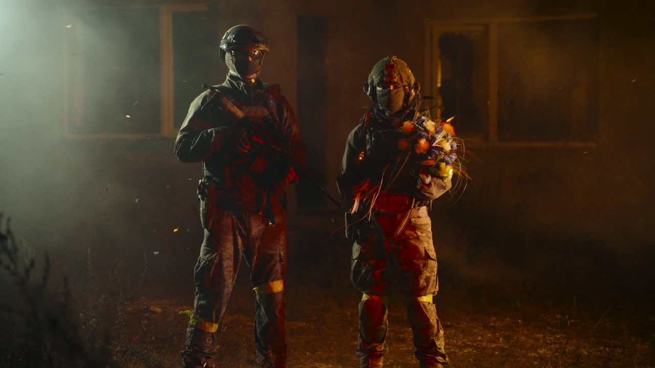 Soldiers with Flowers in a War Zone