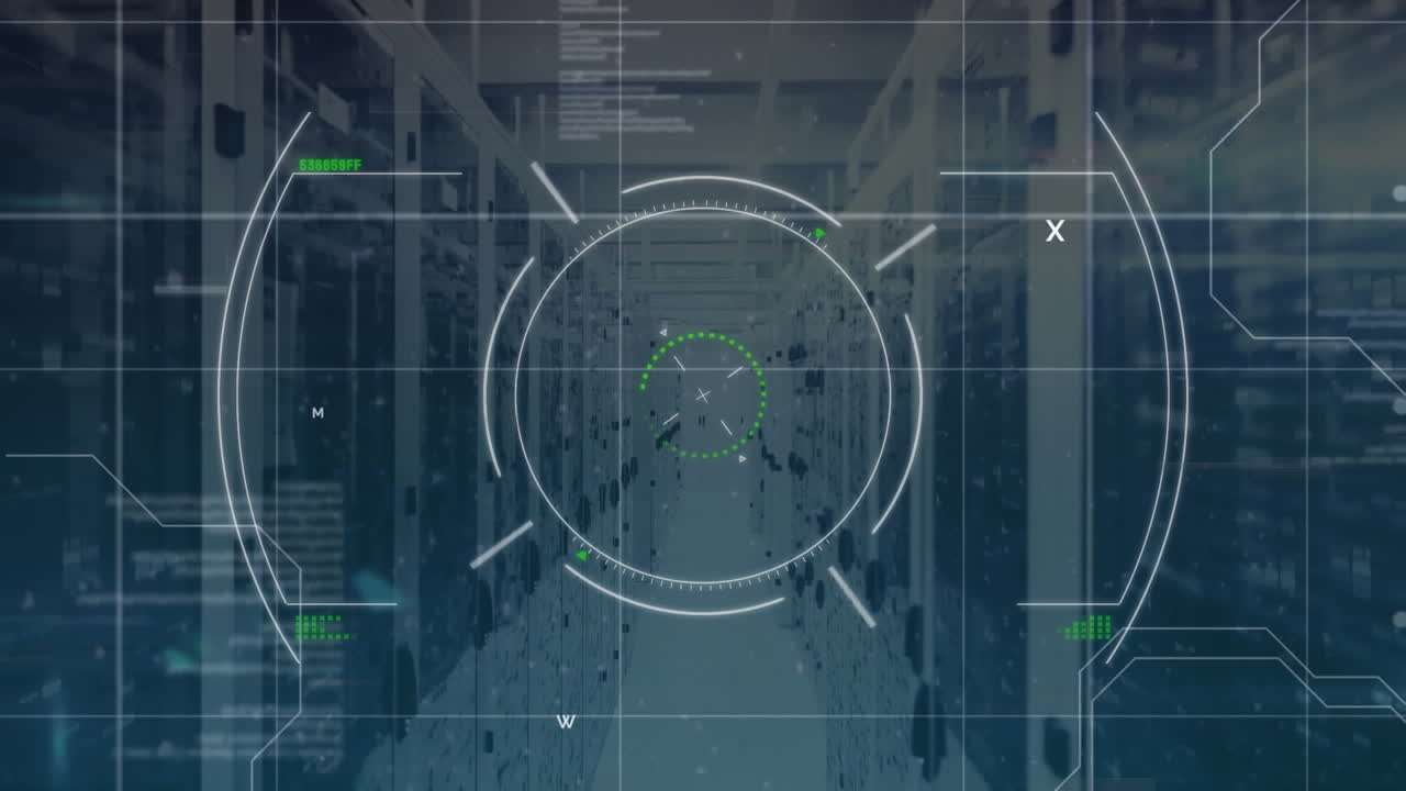Animation of scope scanning and data processing over tech room with computer servers