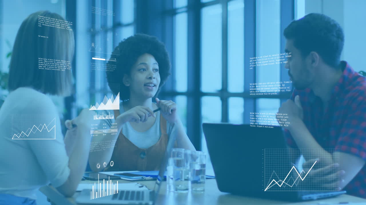 Animation of financial data processing over diverse business people in office