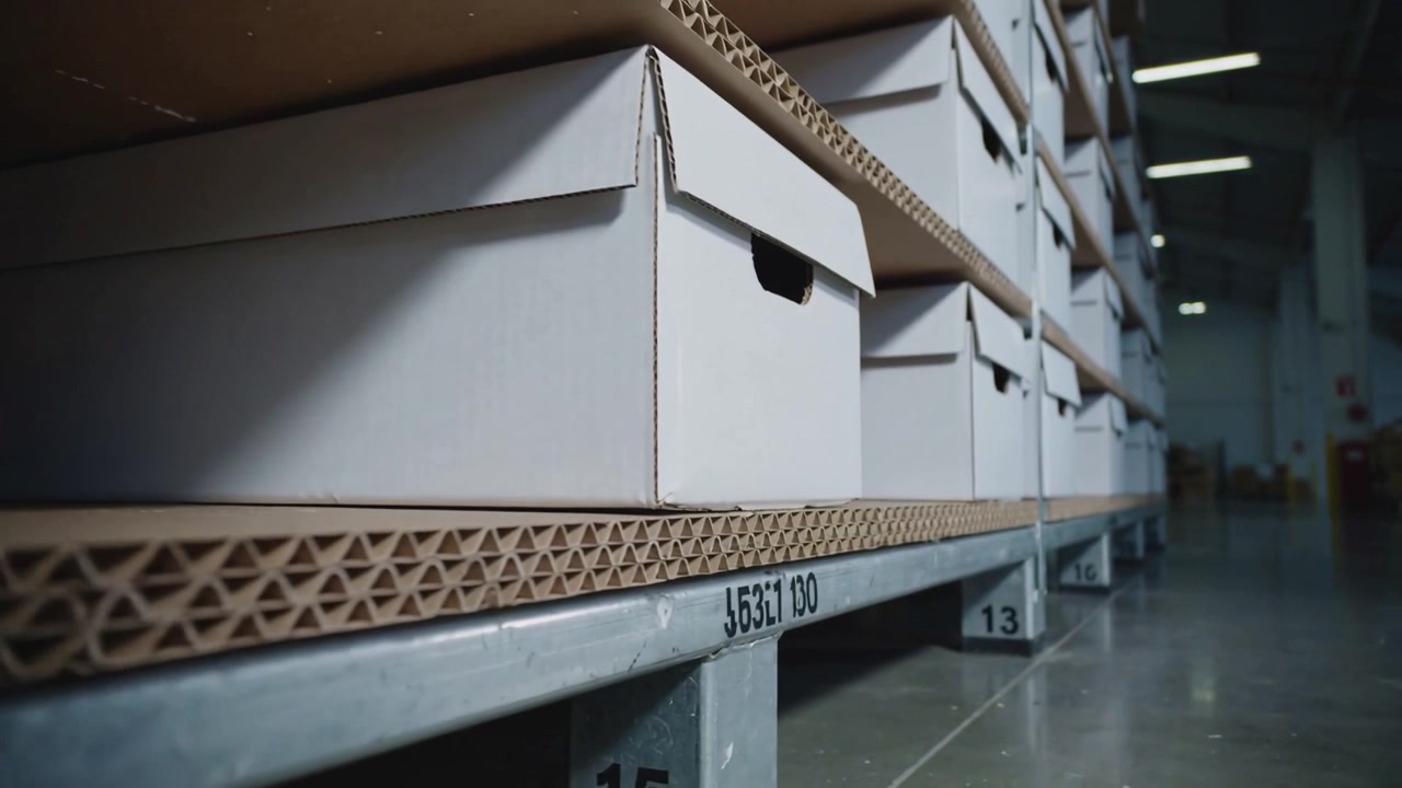 Tracking camera gliding along warehouse shelf, showing white boxes with handles and numbered feet