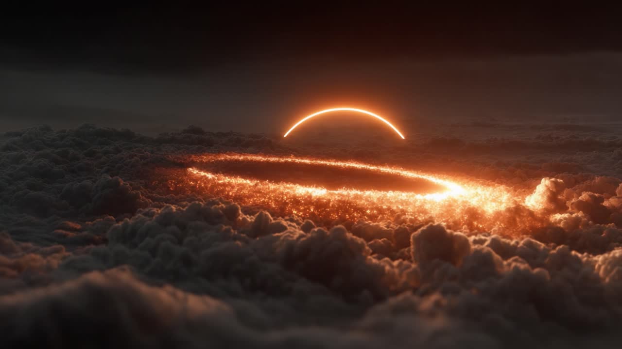 A Cinematic Representation of an Enigmatic Celestial Phenomenon Amidst Turbulent Clouds, Unveiling a Cosmic Landscape with a Radiant Horizon