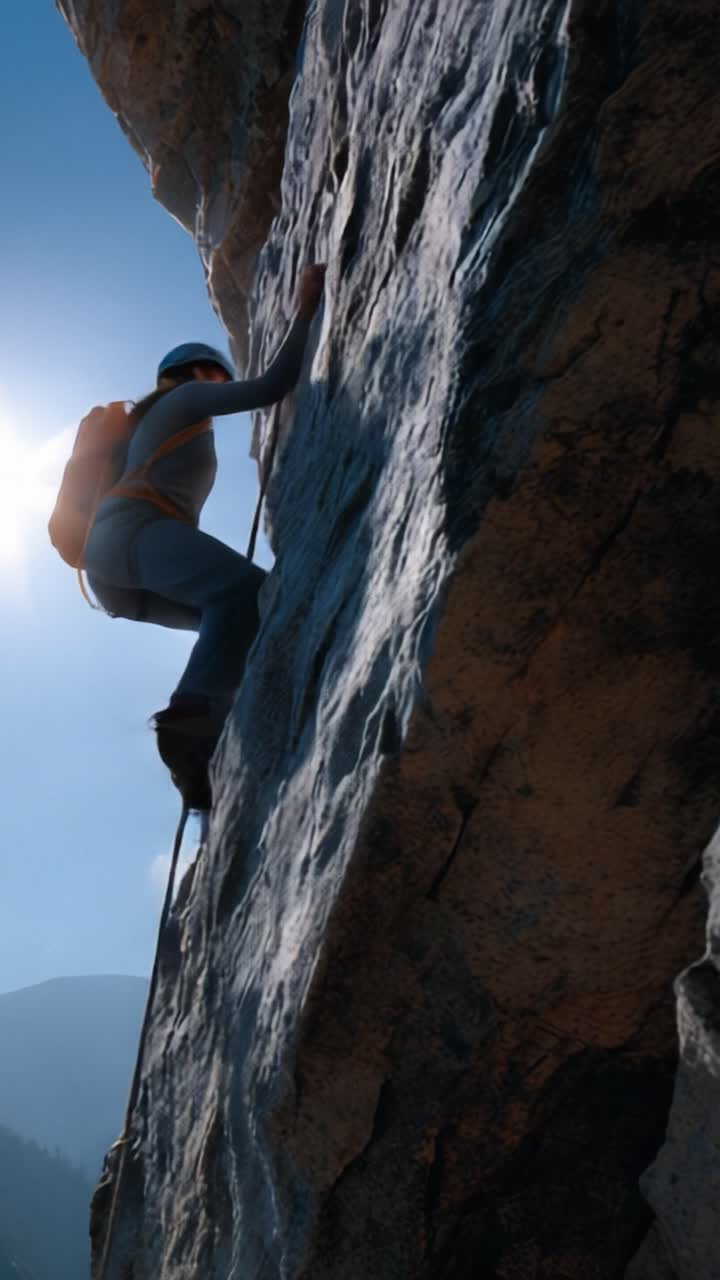 Um alpinista aventureiro sobe habilmente um penhasco rochoso e acidentado com determinação e foco, iluminado pela luz do sol contra um cenário natural deslumbrante