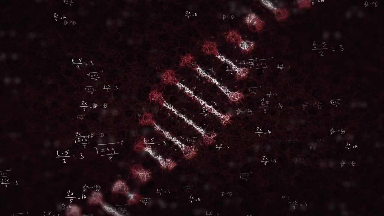 animación de ecuaciones matemáticas y hebra de adn sobre un fondo negro