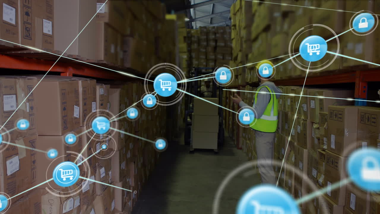 animación de la red de conexiones e iconos sobre el trabajador del almacén