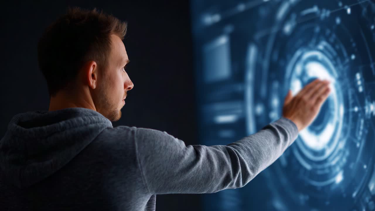 A person interacting with a futuristic touchscreen interface, exploring holographic displays and advanced technology through a user-friendly gesture in a dark environment